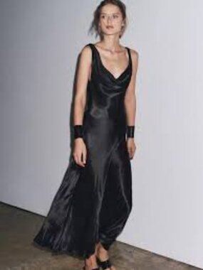 Zara Cowl Neck Satin Spaghetti Strap Black Long Maxi Slip Dress Size: XL